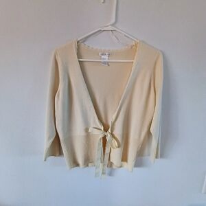 Worthington Cream Tie Front Cardigan Womens Large Cropped 3/4 Sleeve Sweater